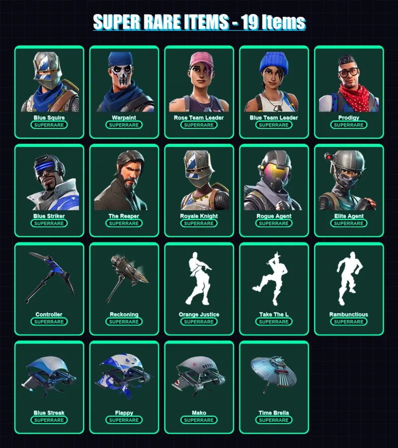 [PC/XBOX] | Blue Squire | Warpaint | Rose Team Leader | Blue Team Leader | Prodigy | 74 skin | 52 pickaxe | 66 emote | 67 glider | Lv849