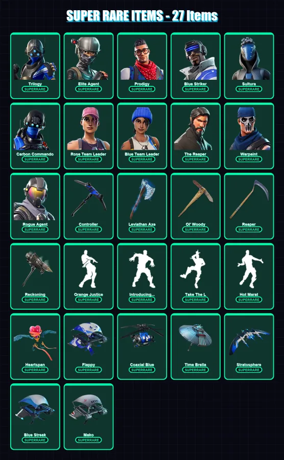 [PS4/PS5/XBOX/PC] | Trilogy | Elite Agent | Prodigy | Blue Striker | Sultura | 116 skin | 112 pickaxe | 104 emote | 102 glider | Lv1055