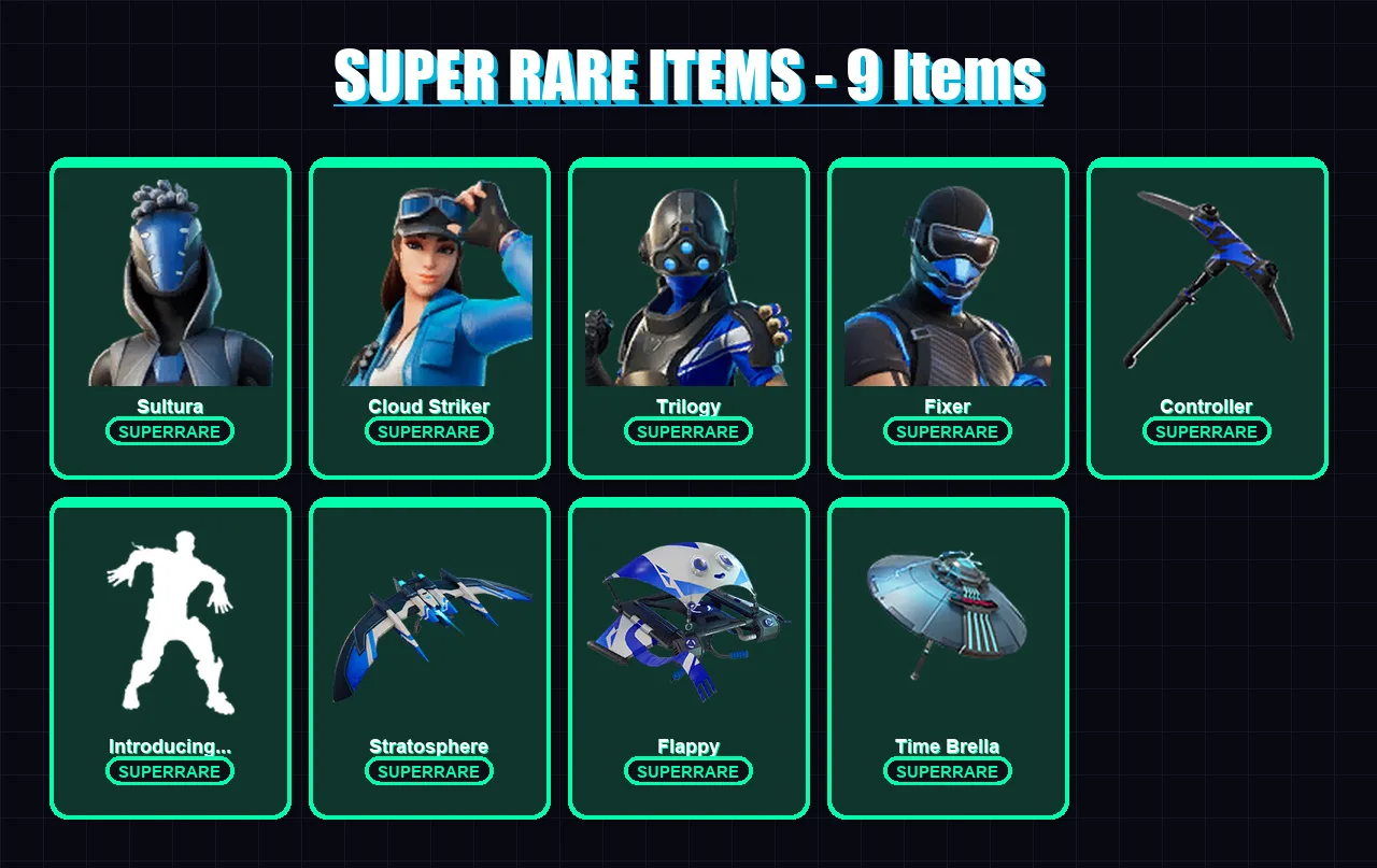 [PS4/PS5/XBOX/PC] | Sultura | Cloud Striker | Trilogy | Fixer | Spectra Knight | 96 skin | 90 pickaxe | 99 emote | 62 glider | Lv896