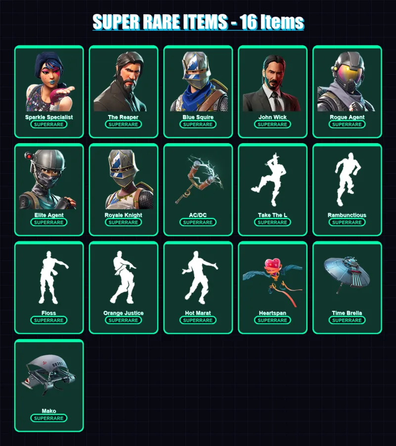 [PC/PSN] | Sparkle Specialist | The Reaper | Blue Squire | John Wick | Rogue Agent | 42 skin | 52 pickaxe | 67 emote | 57 glider | Lv1011