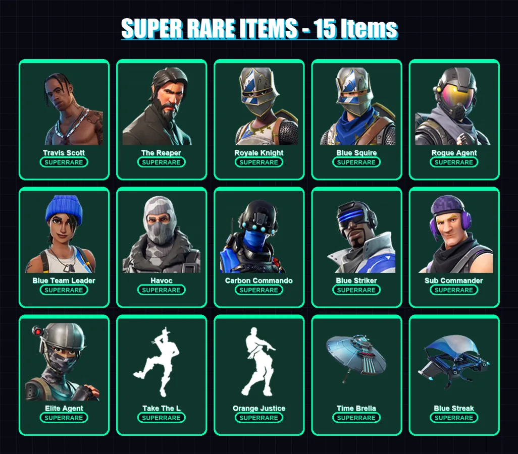 [PC] | Travis Scott | The Reaper | Royale Knight | Blue Squire | Rogue Agent | 54 skin | 80 pickaxe | 63 emote | 76 glider | Lv987