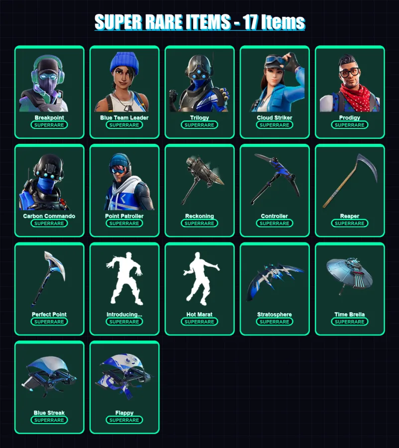 [PS4/PS5/XBOX/PC] | Breakpoint | Blue Team Leader | Trilogy | Cloud Striker | Prodigy | 235 skin | 297 pickaxe | 214 emote | 229 glider | Lv5418