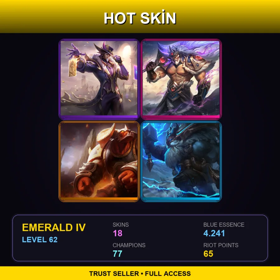 EUW | Lv62 | Emerald IV | 18 Skin | 77 Champ — LoL account