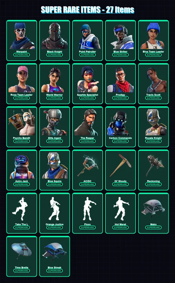 [PS4/PS5/XBOX/PC] | Warpaint | Black Knight | Point Patroller | Blue Striker | Blue Team Leader | 96 skin | 78 pickaxe | 95 emote | 91 glider | Lv11