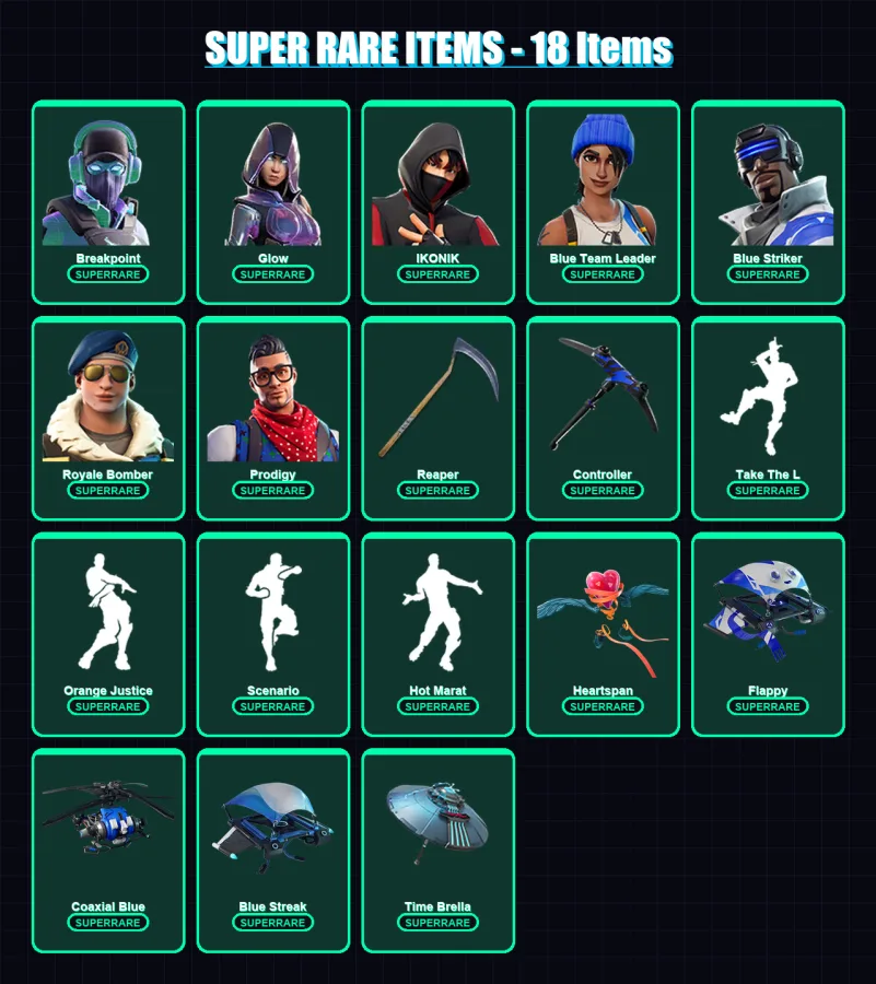 [PC/XBOX] | Breakpoint | Glow | IKONIK | Blue Team Leader | Blue Striker | 91 skin | 72 pickaxe | 74 emote | 70 glider | Lv817