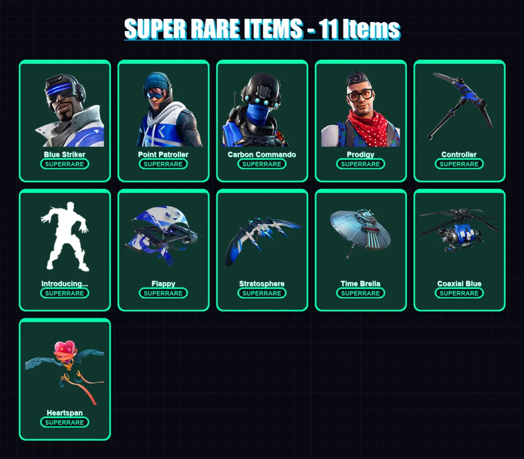 [PC] | Blue Striker | Point Patroller | Carbon Commando | Prodigy | Rox | 52 skin | 47 pickaxe | 82 emote | 62 glider | Lv936