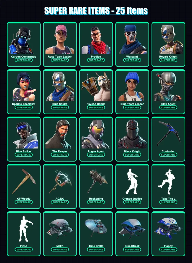 [PC] | Carbon Commando | Rose Team Leader | Prodigy | Warpaint | Royale Knight | 46 skin | 54 pickaxe | 57 emote | 55 glider | Lv668