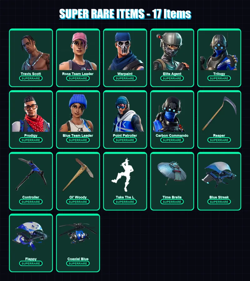 [PC/XBOX/PSN] | Travis Scott | Rose Team Leader | Warpaint | Elite Agent | Trilogy | 86 skin | 109 pickaxe | 71 emote | 90 glider | Lv1249
