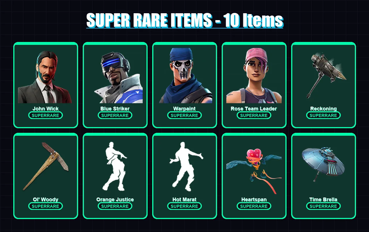 [SWITCH/XBOX/PSN/PC] | John Wick | Blue Striker | Warpaint | Rose Team Leader | Midas | 104 skin | 86 pickaxe | 89 emote | 79 glider | Lv1159