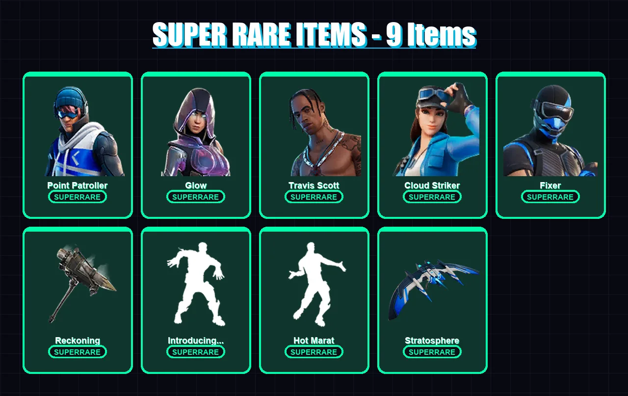 [PS4/PS5/XBOX/PC] | Point Patroller | Glow | Travis Scott | Cloud Striker | Fixer | 83 skin | 83 pickaxe | 88 emote | 74 glider | Lv1230