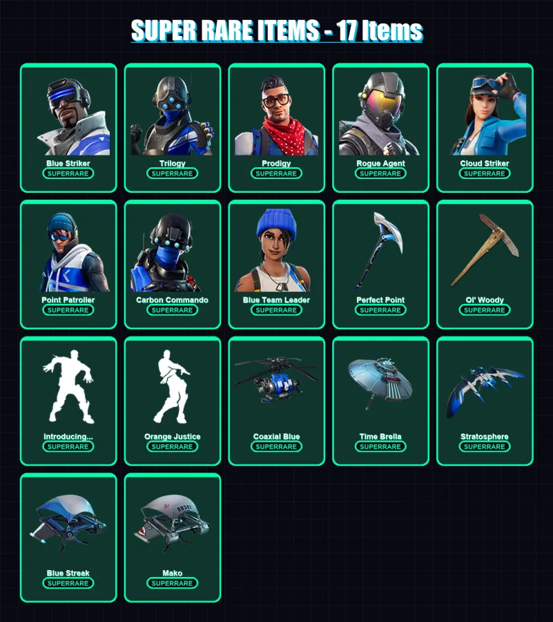 [PS4/PS5/XBOX/PC] | Blue Striker | Trilogy | Prodigy | Rogue Agent | Cloud Striker | 99 skin | 111 pickaxe | 90 emote | 101 glider | Lv1291