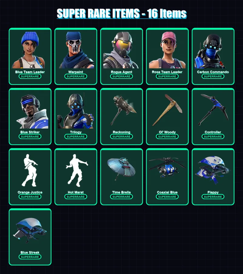 [PC/XBOX] | Blue Team Leader | Warpaint | Rogue Agent | Rose Team Leader | Carbon Commando | 102 skin | 130 pickaxe | 129 emote | 129 glider | Lv261 — Fortnite account