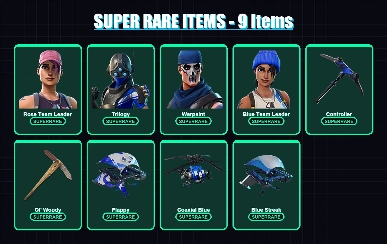 [PS4/PS5/XBOX/PC] | Rose Team Leader | Trilogy | Warpaint | Blue Team Leader | Catalyst | 91 skin | 50 pickaxe | 116 emote | 55 glider | Lv693