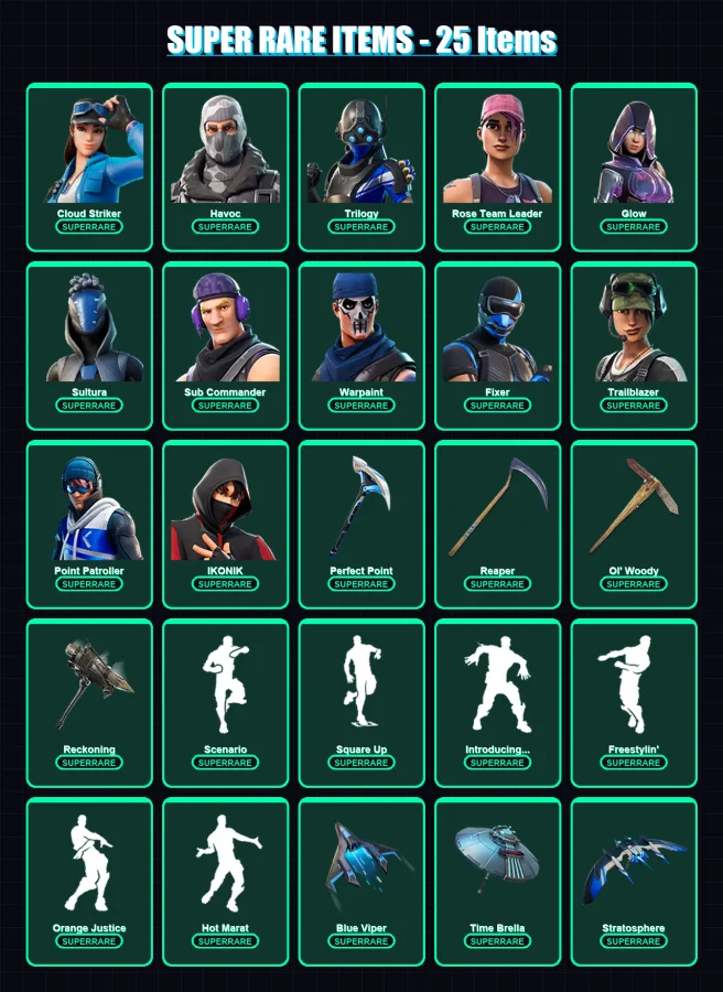 [PS4/PS5/XBOX/PC] | Cloud Striker | Havoc | Trilogy | Rose Team Leader | Glow | 58 skin | 66 pickaxe | 89 emote | 74 glider | Lv1093