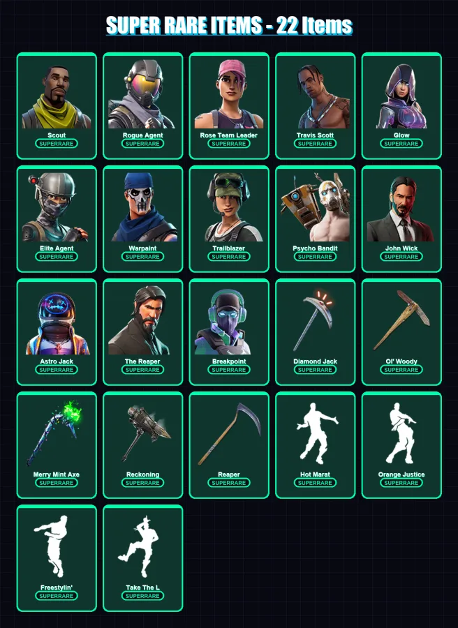 [PC] | Scout | Rogue Agent | Rose Team Leader | Travis Scott | Glow | 222 skin | 109 pickaxe | 125 emote | 110 glider | Lv1308