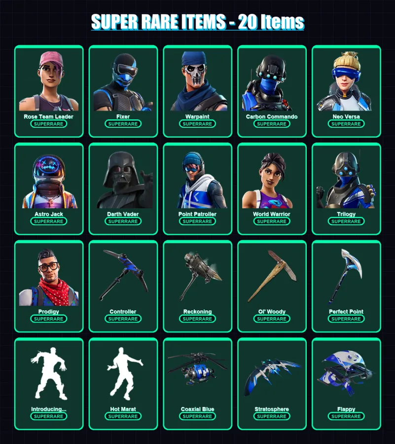 [PC/XBOX/PSN] | Rose Team Leader | Fixer | Warpaint | Carbon Commando | Neo Versa | 194 skin | 177 pickaxe | 178 emote | 154 glider | Lv1939