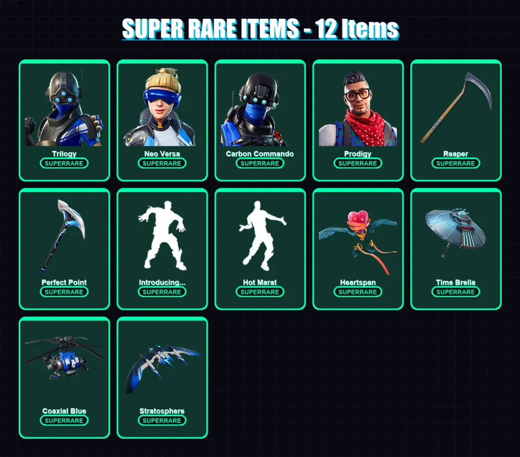 [PC] | Trilogy | Neo Versa | Carbon Commando | Prodigy | Sorana | 78 skin | 81 pickaxe | 85 emote | 85 glider | Lv1119