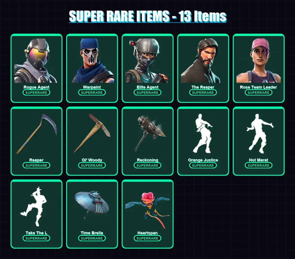 [PC/XBOX/PSN] | Rogue Agent | Warpaint | Elite Agent | The Reaper | Rose Team Leader | 62 skin | 96 pickaxe | 89 emote | 90 glider | Lv1243