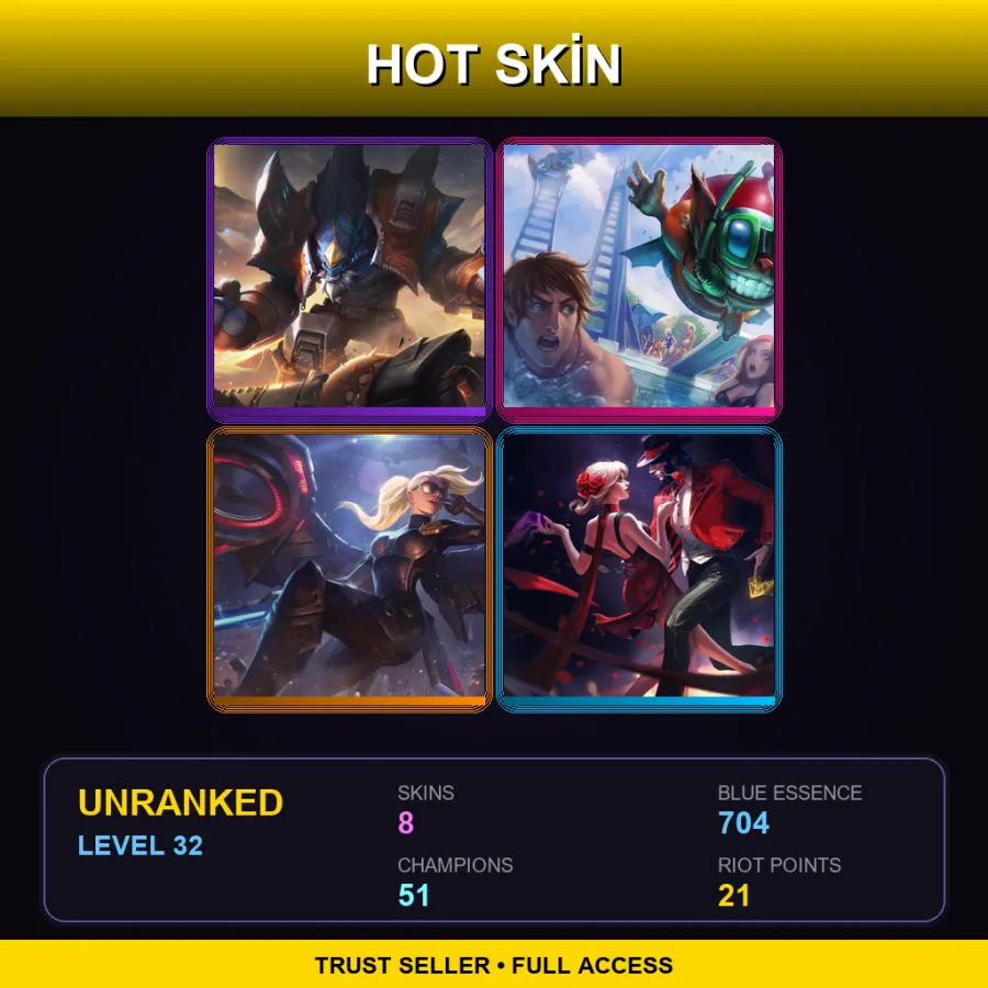 OCE | Lv32 | Unranked | 8 Skin | 51 Champ — LoL account