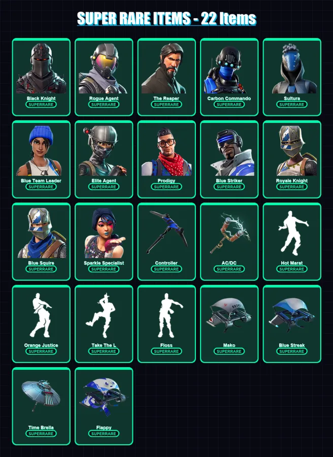 [PS4/PS5/XBOX/PC] | Black Knight | Rogue Agent | The Reaper | Carbon Commando | Sultura | 71 skin | 101 pickaxe | 107 emote | 104 glider | Lv1860