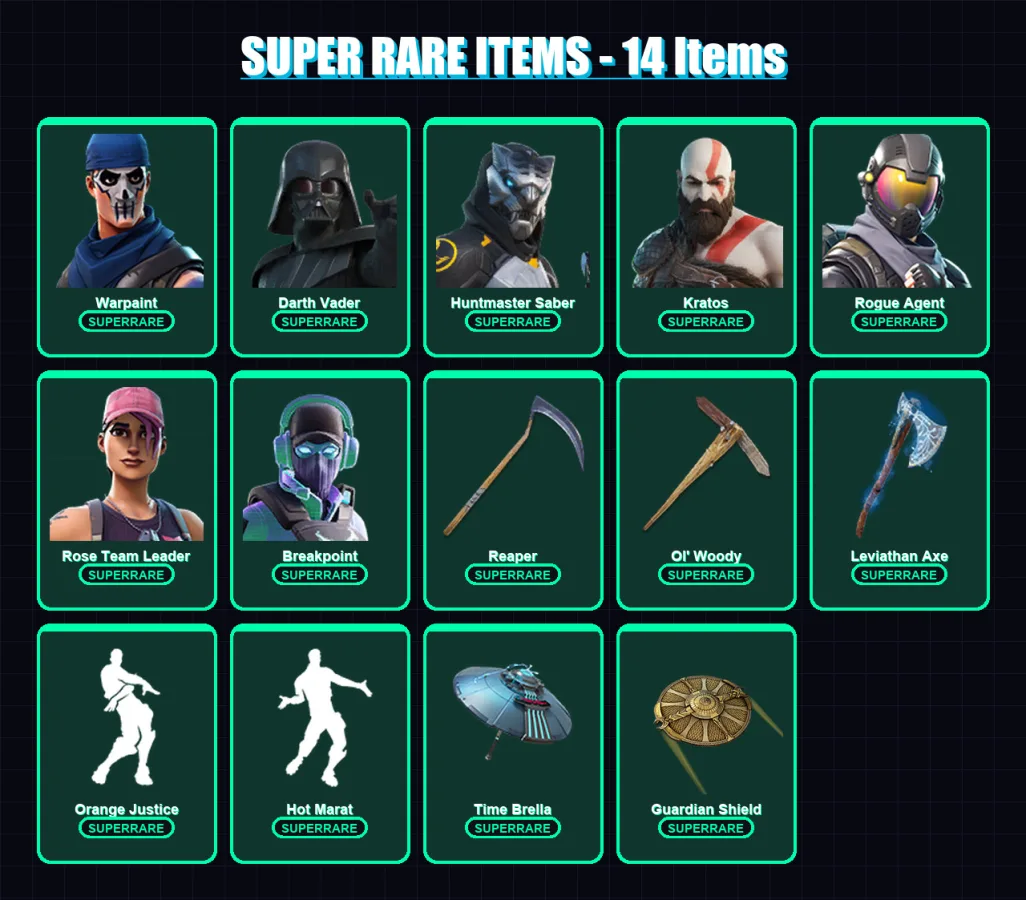 [PC/PSN] | Warpaint | Darth Vader | Huntmaster Saber | Kratos | Rogue Agent | 352 skin | 409 pickaxe | 278 emote | 266 glider | Lv3970