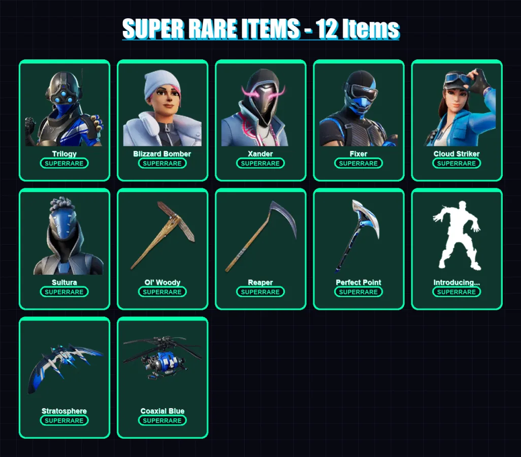 [PC] | Trilogy | Blizzard Bomber | Xander | Fixer | Cloud Striker | 110 skin | 165 pickaxe | 105 emote | 120 glider | Lv2219