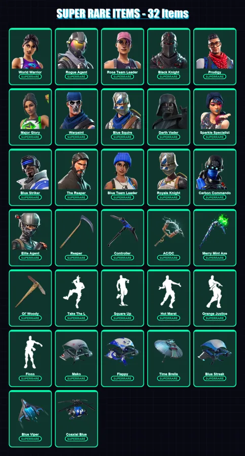 [PS4/PS5/XBOX/PC] | World Warrior | Rogue Agent | Rose Team Leader | Black Knight | Prodigy | 275 skin | 205 pickaxe | 194 emote | 147 glider | Lv20