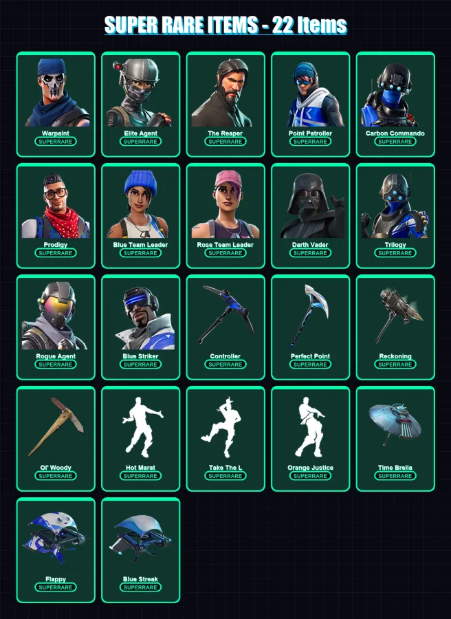 [PC/XBOX] | Warpaint | Elite Agent | The Reaper | Point Patroller | Carbon Commando | 132 skin | 116 pickaxe | 102 emote | 127 glider | Lv1970