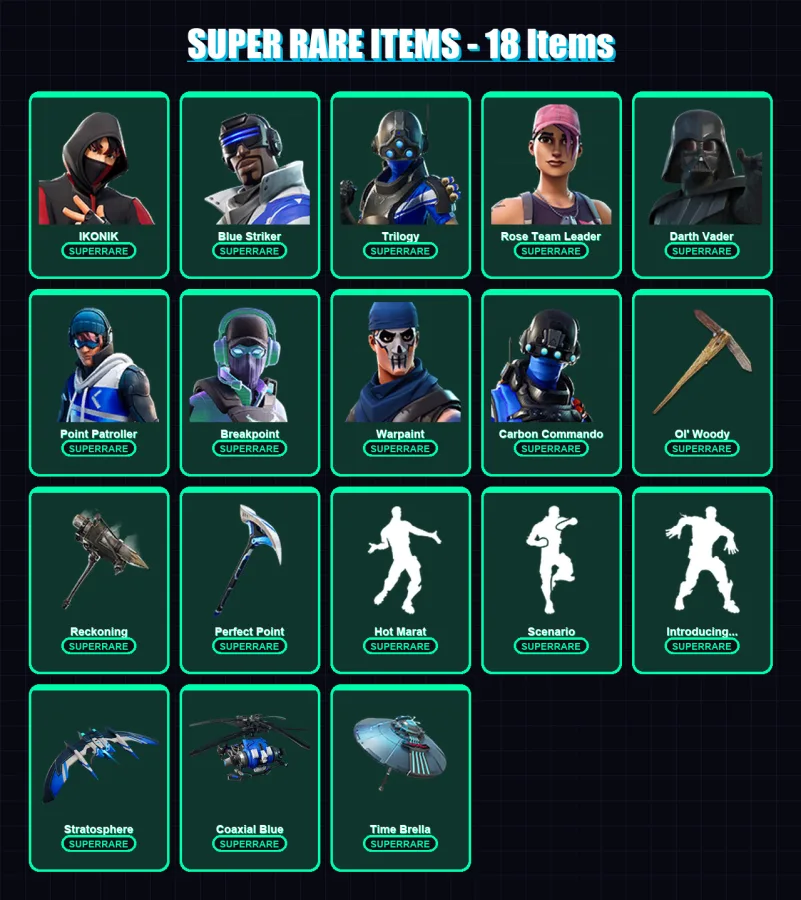 [PS4/PS5/XBOX/PC] | IKONIK | Blue Striker | Trilogy | Rose Team Leader | Darth Vader | 269 skin | 288 pickaxe | 302 emote | 251 glider | Lv5006