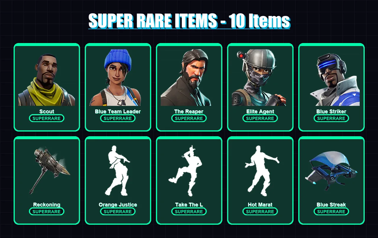 [PS4/PS5/XBOX/PC] | Scout | Blue Team Leader | The Reaper | Elite Agent | Blue Striker | 41 skin | 24 pickaxe | 30 emote | 33 glider | Lv396