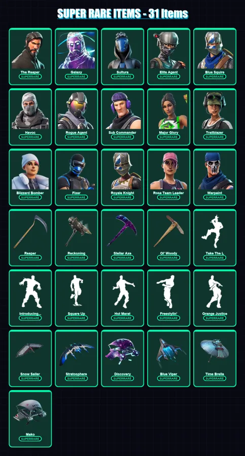 [PC/XBOX/PSN] | The Reaper | Galaxy | Sultura | Elite Agent | Blue Squire | 212 skin | 222 pickaxe | 189 emote | 191 glider | Lv3634 — Fortnite account
