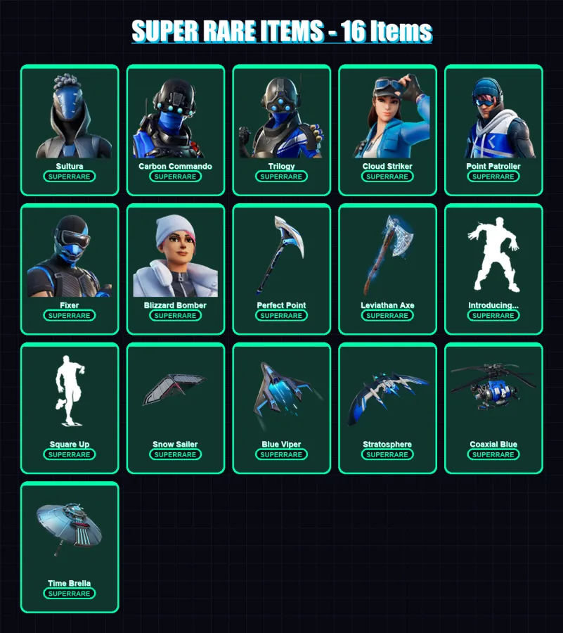[PS4/PS5/XBOX/PC] | Sultura | Carbon Commando | Trilogy | Cloud Striker | Point Patroller | 106 skin | 140 pickaxe | 115 emote | 113 glider | Lv1967
