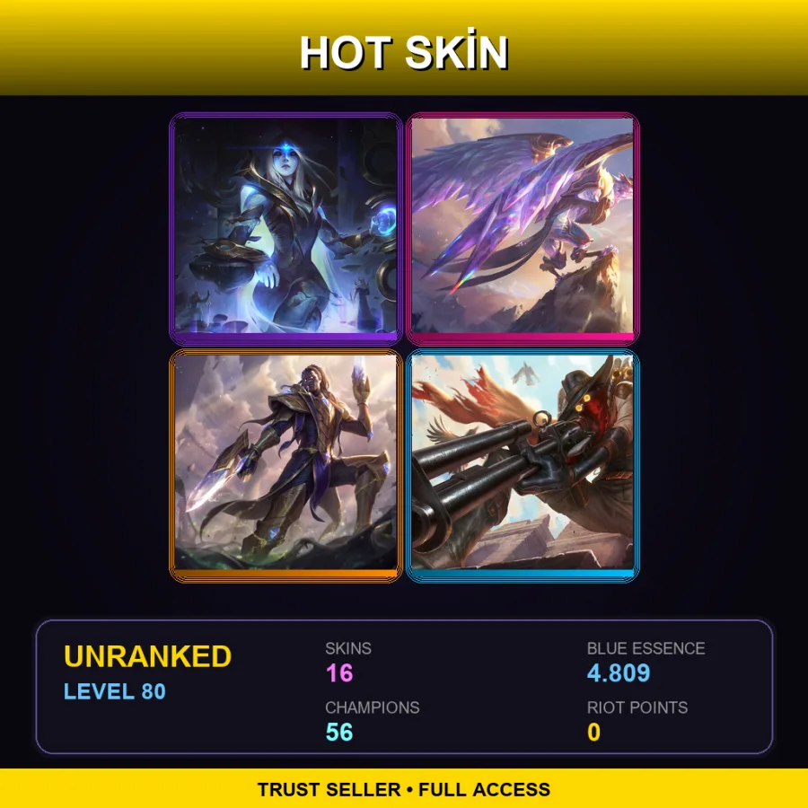 BR | Lv80 | Unranked | 16 Skin | 56 Champ — LoL account