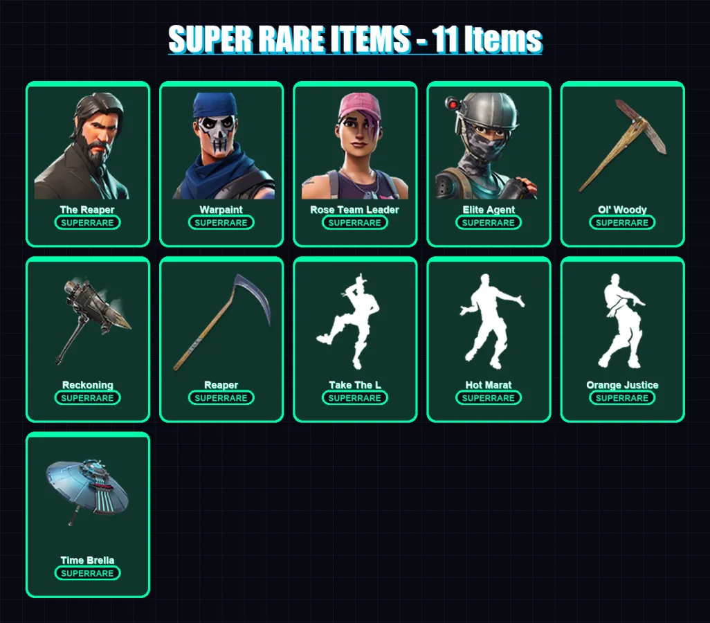 [PC/XBOX] | The Reaper | Warpaint | Rose Team Leader | Elite Agent | Zenith | 36 skin | 40 pickaxe | 56 emote | 52 glider | Lv785