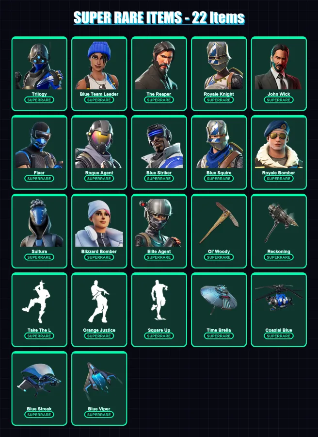 [PS4/PS5/XBOX/PC] | Trilogy | Blue Team Leader | The Reaper | Royale Knight | John Wick | 74 skin | 146 pickaxe | 105 emote | 115 glider | Lv3108