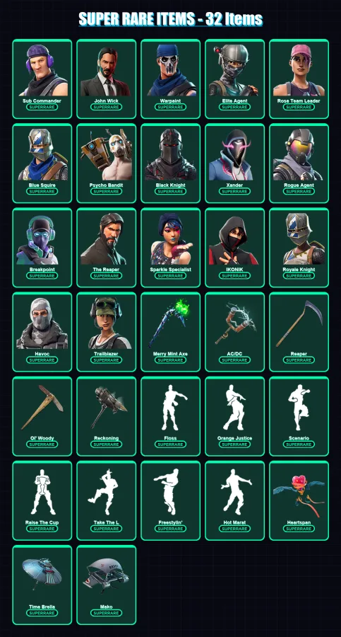 [PC/XBOX] | Sub Commander | John Wick | Warpaint | Elite Agent | Rose Team Leader | 428 skin | 316 pickaxe | 356 emote | 238 glider | Lv3382