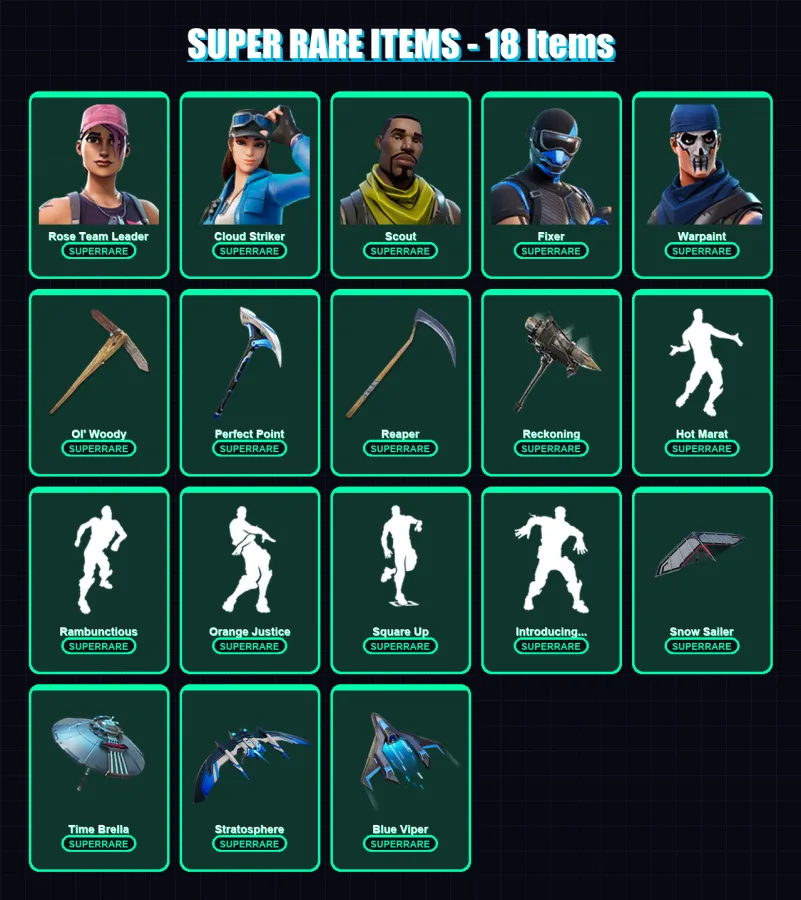 [PC] | Rose Team Leader | Cloud Striker | Scout | Fixer | Warpaint | 132 skin | 140 pickaxe | 132 emote | 102 glider | Lv1058