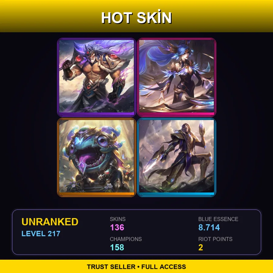 SG | Lv217 | Unranked | 136 Skin | 158 Champ — LoL account