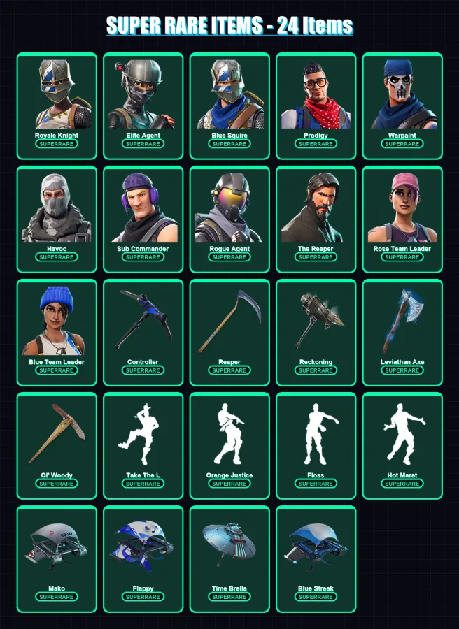 [PC] | Royale Knight | Elite Agent | Blue Squire | Prodigy | Warpaint | 56 skin | 55 pickaxe | 59 emote | 55 glider | Lv871