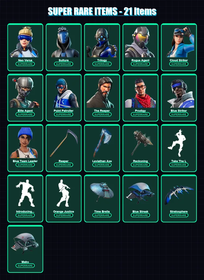 [PS4/PS5/XBOX/PC] | Neo Versa | Sultura | Trilogy | Rogue Agent | Cloud Striker | 197 skin | 197 pickaxe | 150 emote | 169 glider | Lv2444