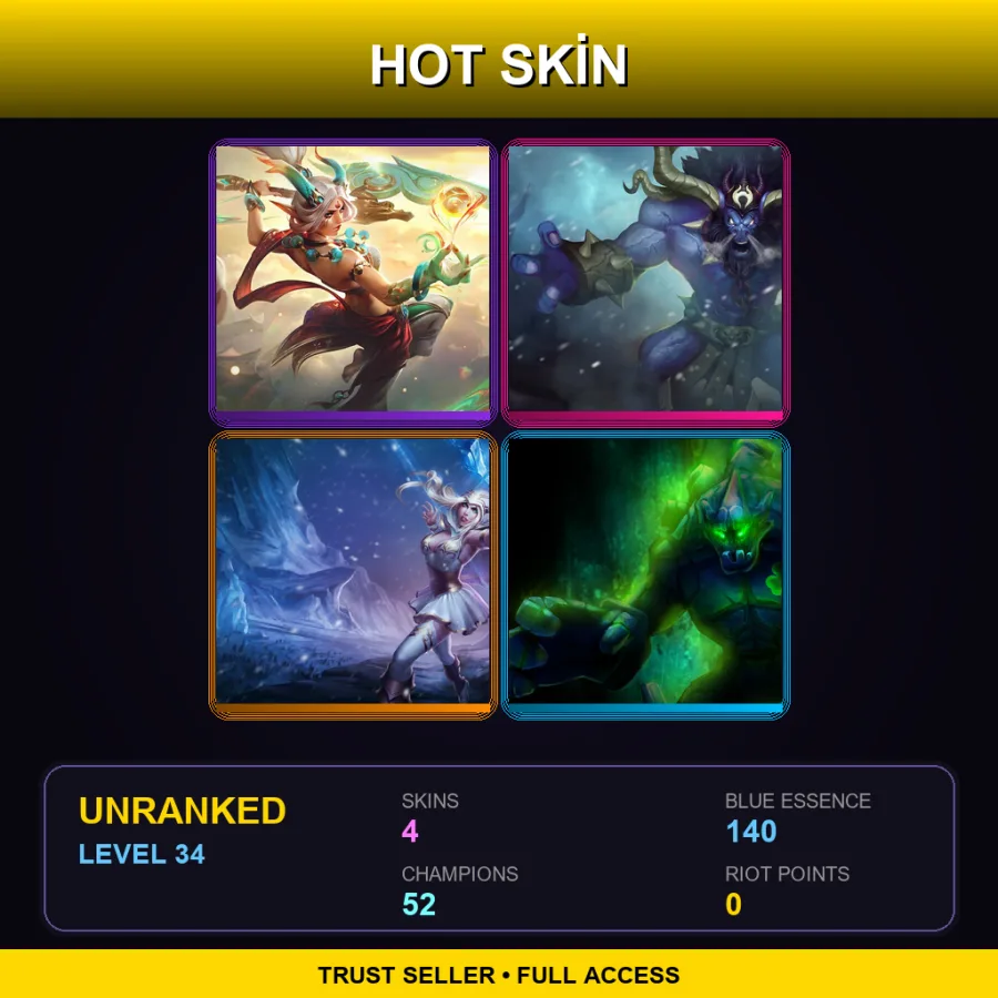EUW | Lv34 | Unranked | 4 Skin | 52 Champ — LoL account