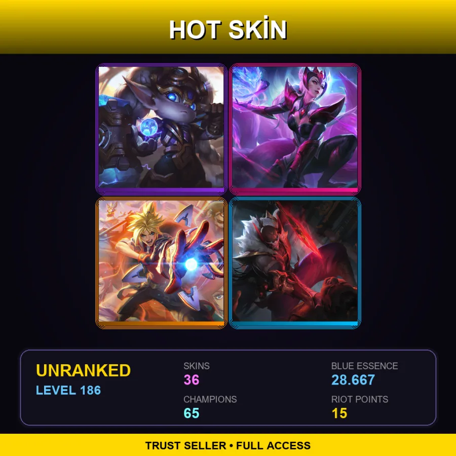 LAS | Lv186 | Unranked | 36 Skin | 65 Champ — LoL account