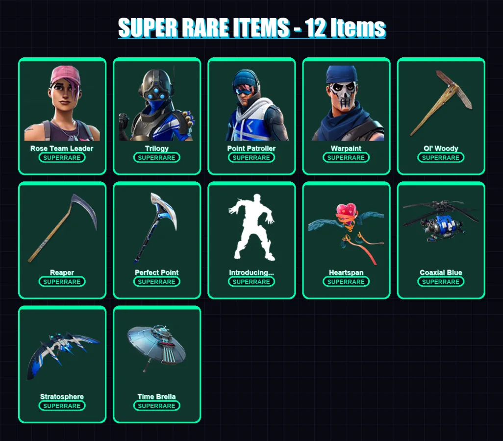 [PS4/PS5/XBOX/PC] | Rose Team Leader | Trilogy | Point Patroller | Warpaint | Hybrid | 85 skin | 102 pickaxe | 104 emote | 101 glider | Lv1323