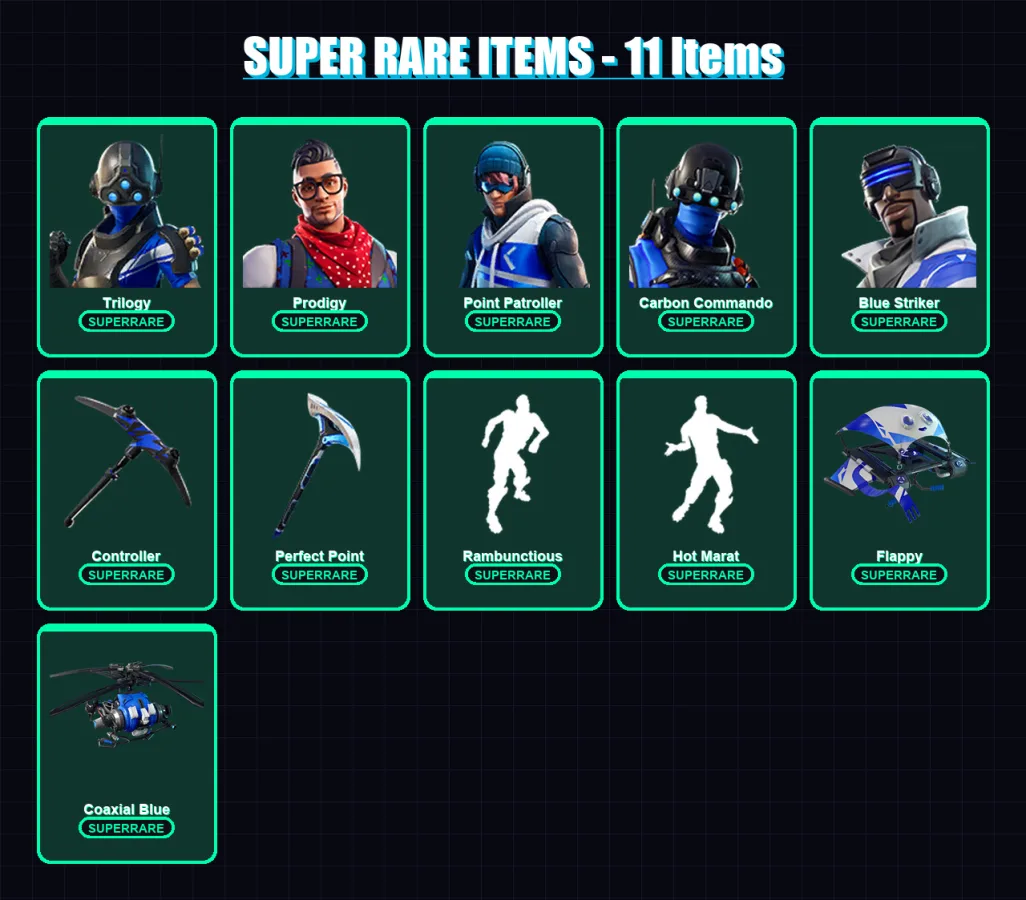 [PS4/PS5/XBOX/PC] | Trilogy | Prodigy | Point Patroller | Carbon Commando | Blue Striker | 68 skin | 103 pickaxe | 75 emote | 95 glider | Lv1321 — Fortnite account