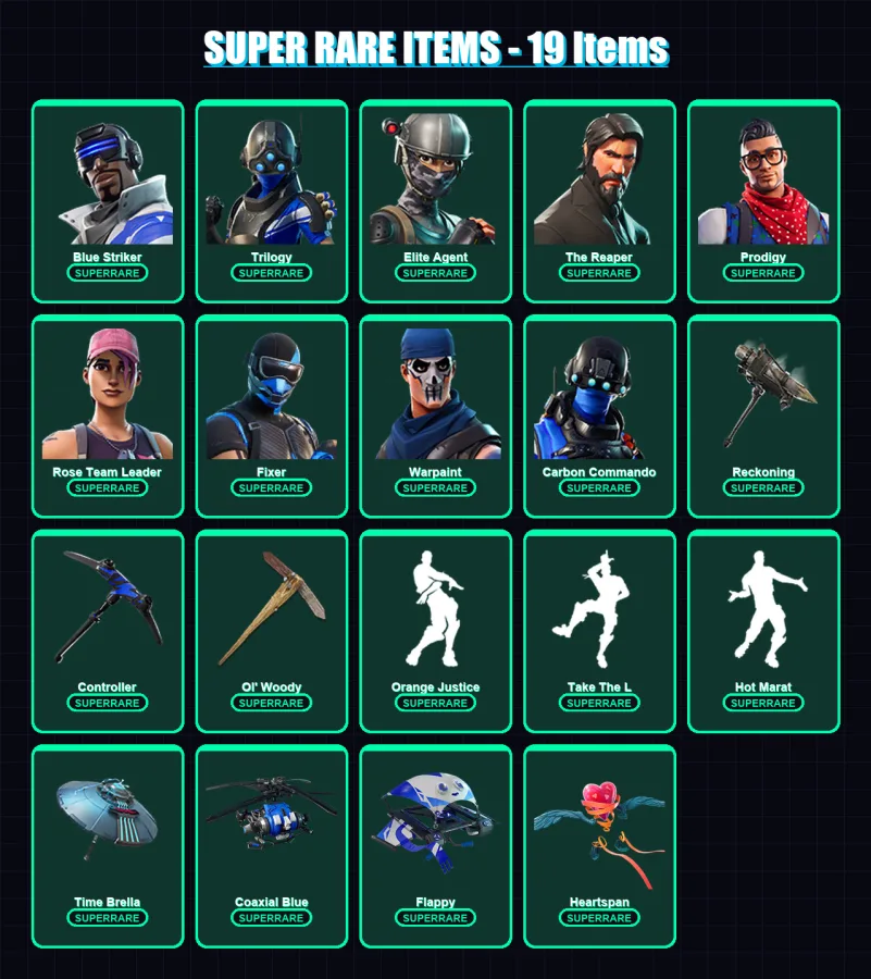 [PS4/PS5/XBOX/PC] | Blue Striker | Trilogy | Elite Agent | The Reaper | Prodigy | 88 skin | 73 pickaxe | 77 emote | 84 glider | Lv1014