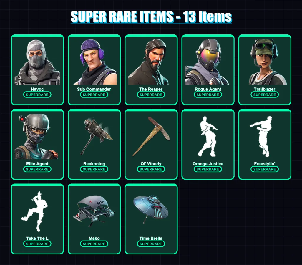 [PC/PSN] | Havoc | Sub Commander | The Reaper | Rogue Agent | Trailblazer | 41 skin | 63 pickaxe | 48 emote | 62 glider | Lv1048