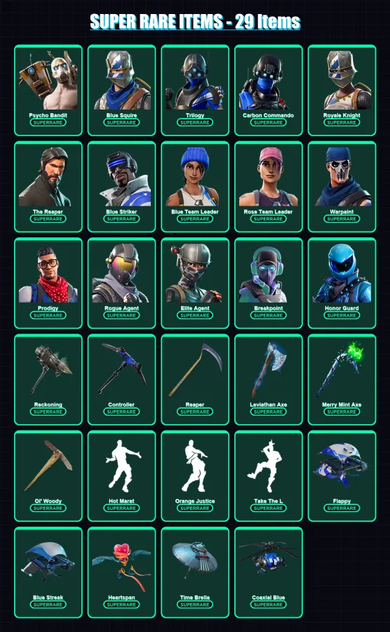 [PC] | Psycho Bandit | Blue Squire | Trilogy | Carbon Commando | Royale Knight | 202 skin | 186 pickaxe | 151 emote | 161 glider | Lv2519