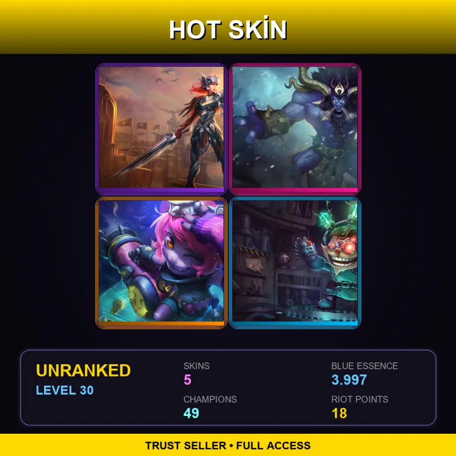 EUW | Lv30 | Unranked | 5 Skin | 49 Champ — LoL account