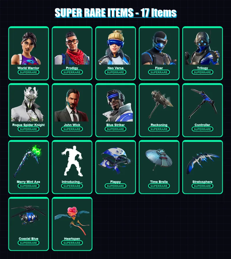 [PC] | World Warrior | Prodigy | Neo Versa | Fixer | Trilogy | 136 skin | 122 pickaxe | 95 emote | 104 glider | Lv1497