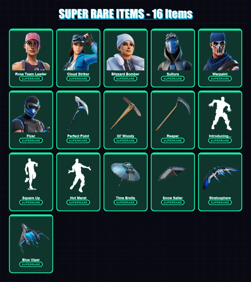 [PC/XBOX] | Rose Team Leader | Cloud Striker | Blizzard Bomber | Sultura | Warpaint | 122 skin | 170 pickaxe | 156 emote | 160 glider | Lv2909